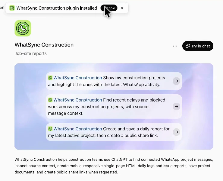 ChatGPT showing the WhatSync app as installed, with a Try now button and example prompts.