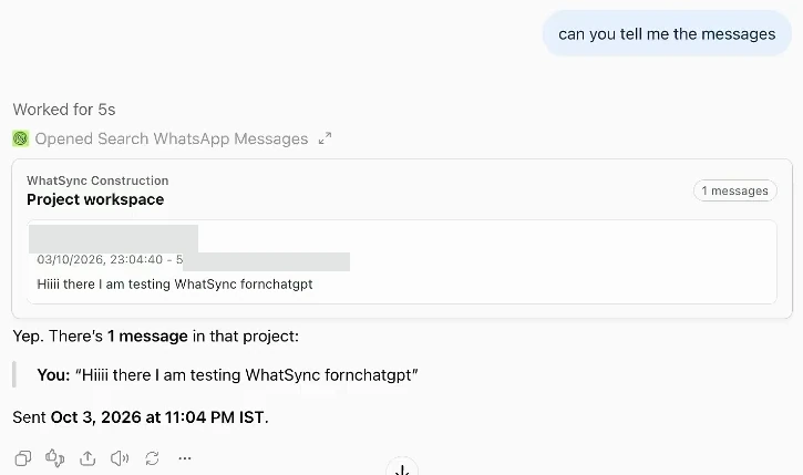 ChatGPT showing the test message from WhatsApp and the time it was sent.
