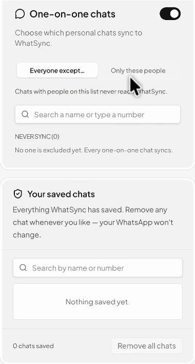 The one-on-one chats settings with Everyone except and Only these people, and the Your saved chats list below.