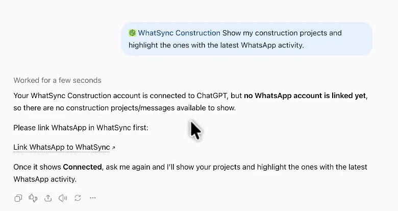 ChatGPT saying the account is connected but no WhatsApp is linked yet, with a Link WhatsApp to WhatSync link.